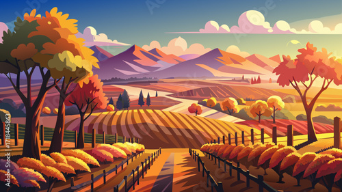 A beautiful autumn landscape with a vineyard in the background glows beneath golden sunlight, where vibrant leaves swirl gently, distant hills rise softly, and the crisp air carries peaceful whispers 