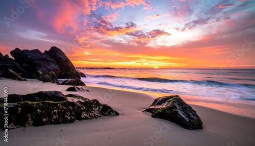 Sunrise over a beach with rocks