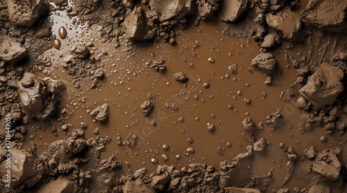 Closeup view of brown mud with scattered rocks and water droplets