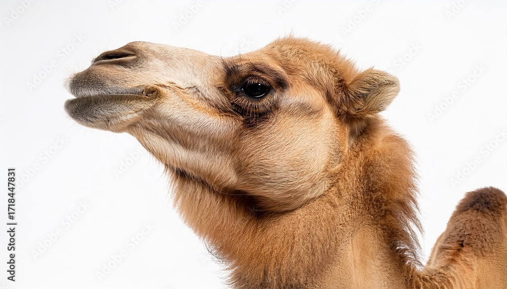 Obraz premium a side view of a light brown camel standing against a plain white background in a studio shot on white background
