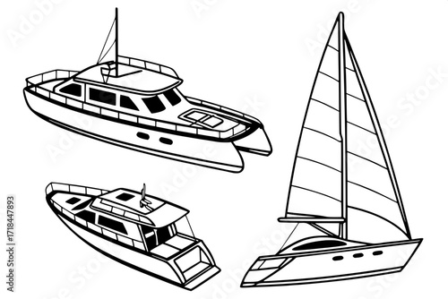 Yacht blueprints simplified into black line drawings, showcasing variations in deck and hull design.