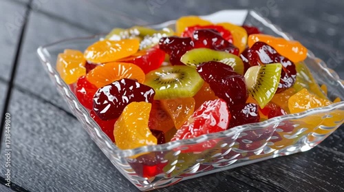 A glass bowl filled with a colorful assortment of fruit pieces on a dark wooden surface top view