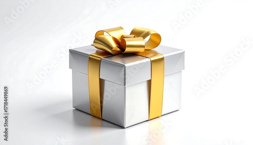 Silver gift box with gold ribbon