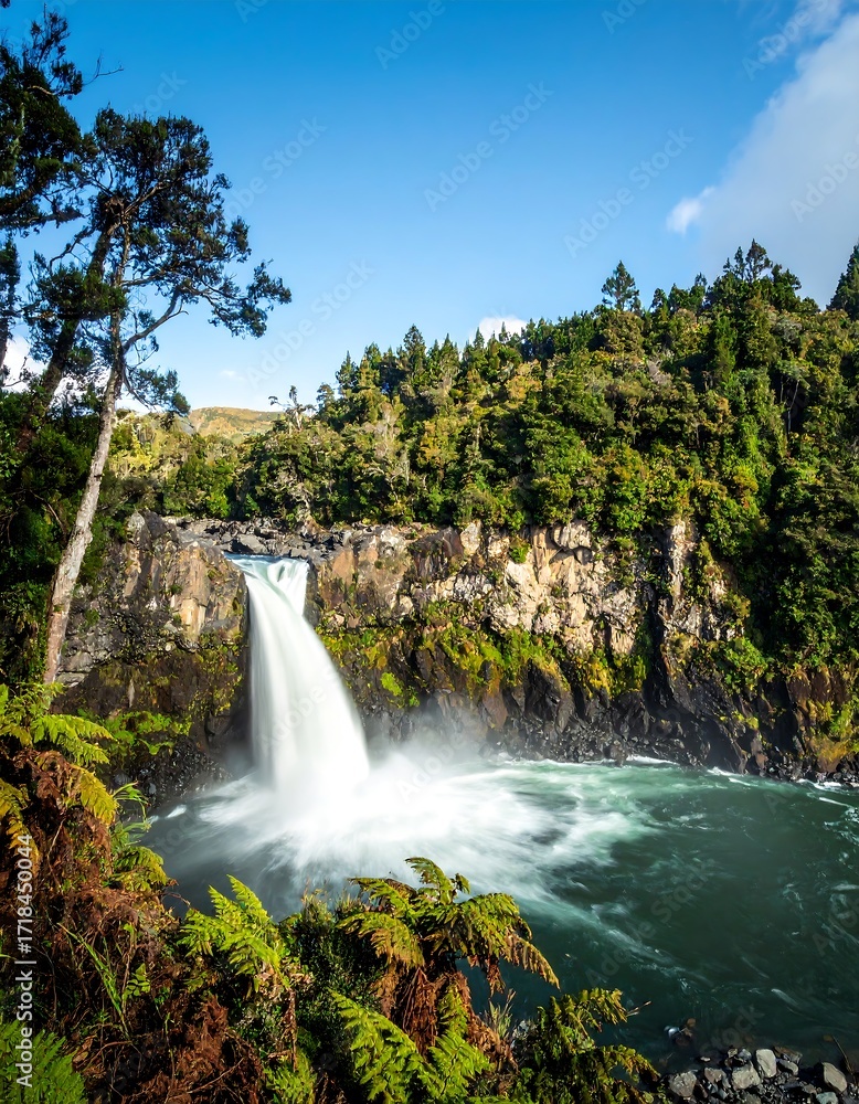 Fototapeta premium Waterfall cascading into a tranquil pool, surrounded by lush greenery