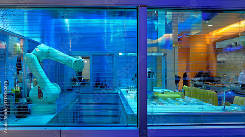 Robotic arm in a modern laboratory environment with glass enclosure and blue lighting