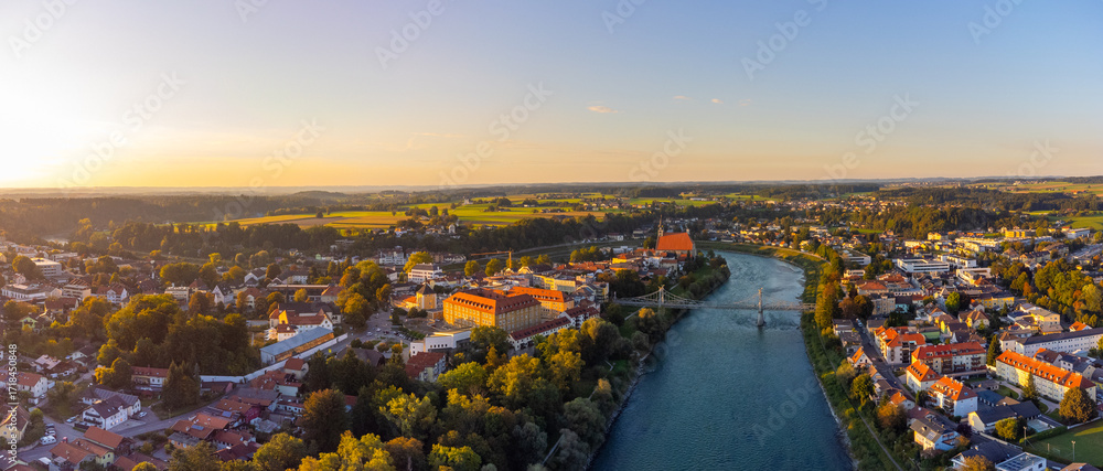 Fototapeta premium City of Laufen, Bavaria, and Oberndorf bei Salzburg, Austria, in summer at sunset