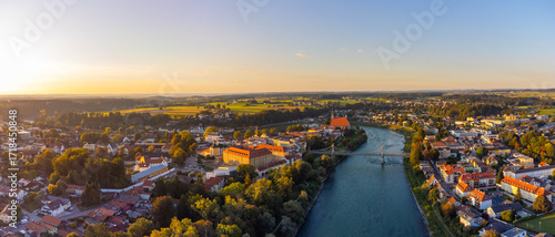 City of Laufen, Bavaria, and Oberndorf bei Salzburg, Austria, in summer at sunset