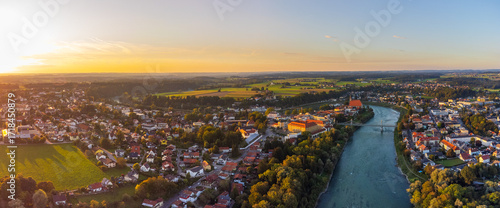 City of Laufen, Bavaria, and Oberndorf bei Salzburg, Austria, in summer at sunset