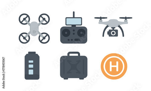 Drone equipment set: remote control, quadcopter, landing pad and more in dark glow style