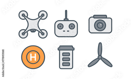 Drone gadgets set with controller, camera, propeller, and battery in modern icon style