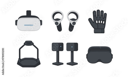 Futuristic virtual reality gadgets and accessories on dark background