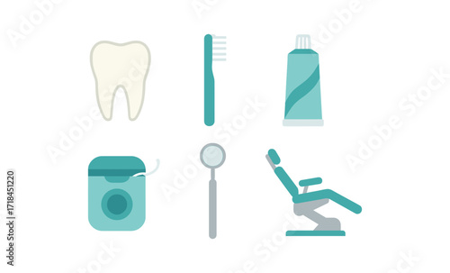 Glowing dental icons with toothbrush, toothpaste, and equipment on dark background
