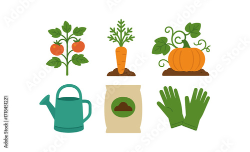 Flat design garden icons: vegetables, tools, and supplies on gradient background