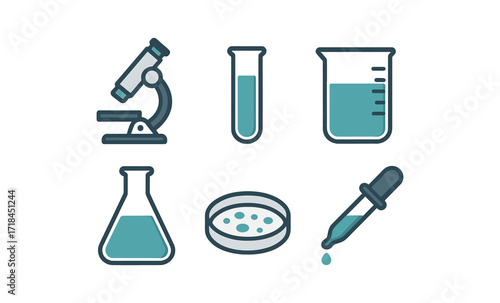 Glowing lab instruments: microscope, test tubes, beaker, and pipette in neon style