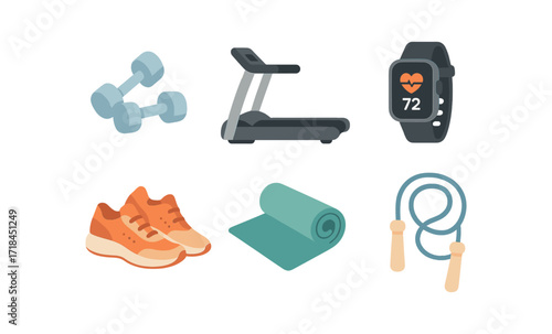Fitness equipment icons with gradient glow featuring treadmill, dumbbells, sneakers, and more