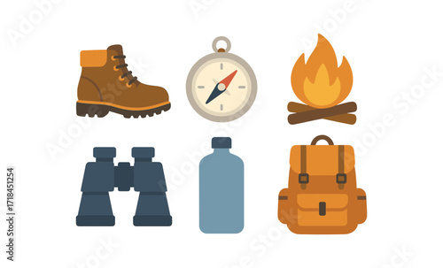Camping essentials: hiking gear elements in glowing minimalist design