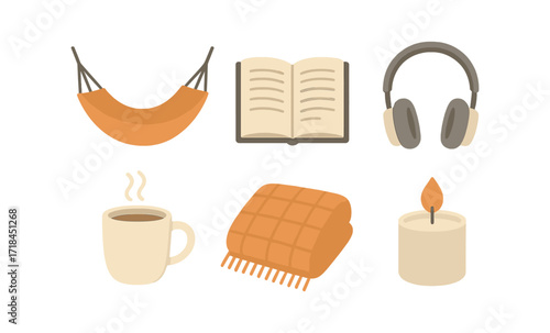 Cozy autumn icons featuring warm blanket, candle, and coffee cup