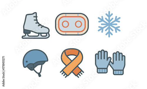 Winter sports icons set: skates, snowflake, ice rink, helmet, scarf, gloves