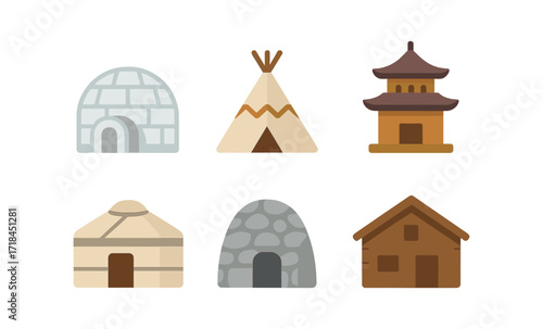 Set of various traditional houses with soft glow effect