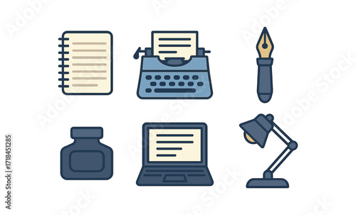 Retro writing tools: typewriter, laptop, ink bottle, fountain pen, lamp
