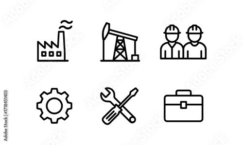 Industrial icons: factory, oil pump, workers in linear style