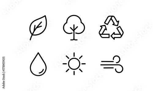 Eco-friendly icons set featuring leaf, tree, recycle, water, sun, and wind symbols in minimalist linear design