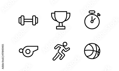 Minimalist sports icons set featuring dumbbell, trophy, stopwatch, whistle, runner, basketball