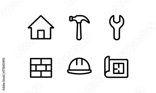 Construction and repair linear icons: house, tools, hard hat, blueprint