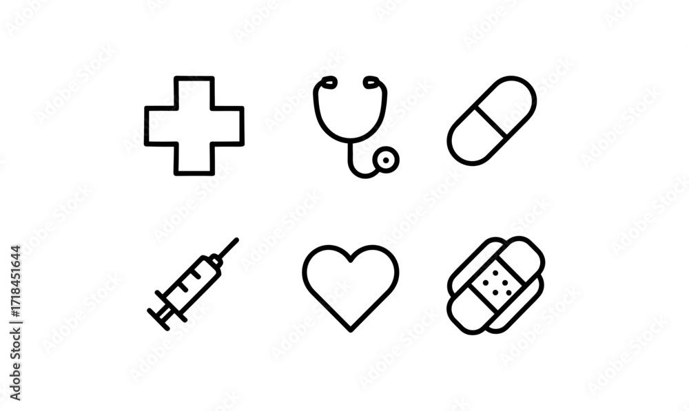 Obraz premium Medical line icon set featuring stethoscope, cross, heart, and more