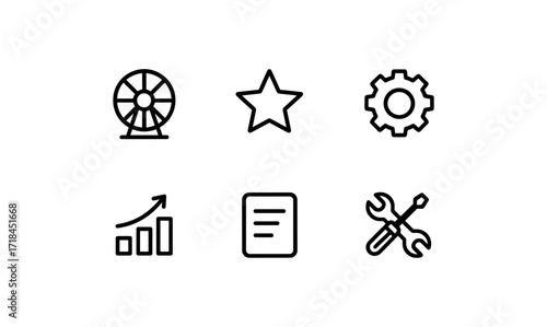 Simple outline icons of ferris wheel, star, gear, graph, document, and tools for apps and websites