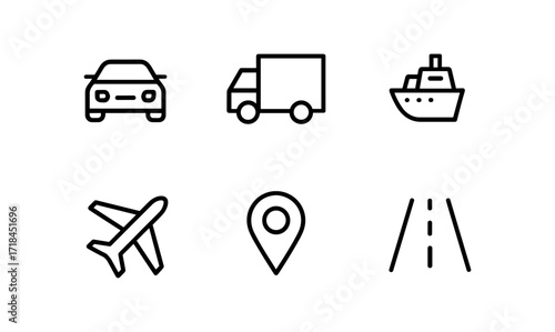 Minimalist transportation icons: car, truck, ship, plane, map, road