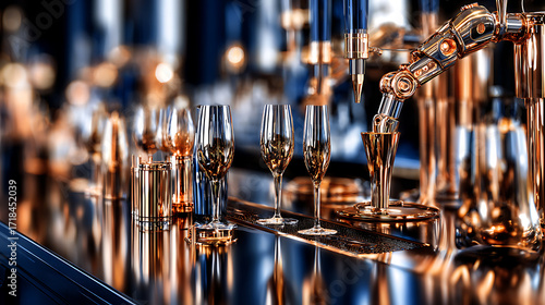 Robotic arm pouring drinks into glasses at a modern bar setup with reflective surfaces and elegant glassware