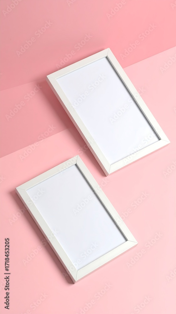 Fototapeta premium Two white frames on a pink background