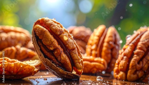 Close-up of cracked pecan halves, glistening with moisture, set against a blurred natural backdrop