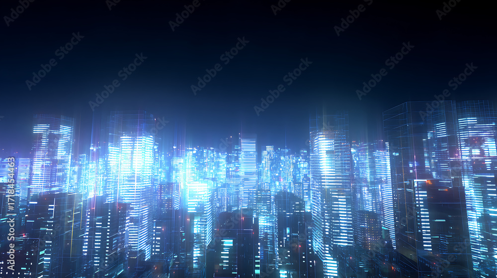 Obraz premium Futuristic cityscape at night with illuminated skyscrapers and neon lights