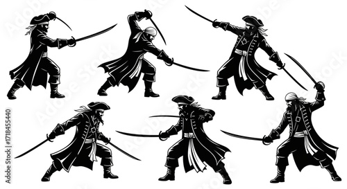 Vector Pirate Silhouettes in Dynamic Action Poses with Swords – Adventure & Warrior Style