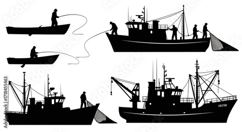 Fisherman and Fishing Vessel Silhouettes Set – Vector Illustration on White Background