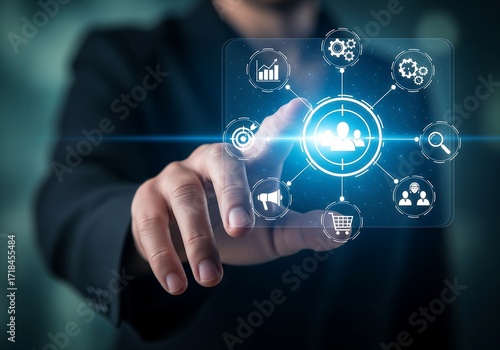 Futuristic business professional interacting with a glowing digital interface, engaging in customer-centric strategies and data analysis for organizational growth and market reach