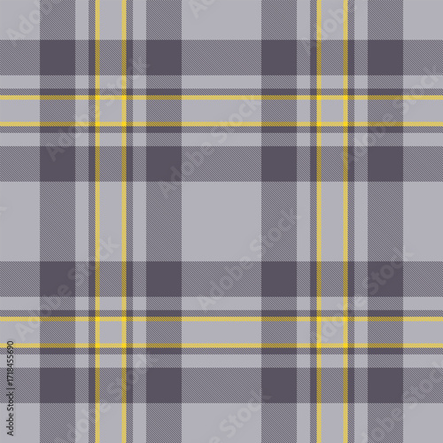 Classic tartan pattern in cool gray tones with bright yellow accents. Versatile textile design for fashion, backgrounds, or creating a warm, comforting feel.