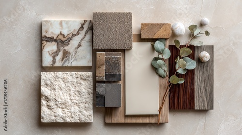 Bathroom or kitchen design moodboard on beige background Marble ceramic tiles and stone samples highlight interior decoration trend inspiration