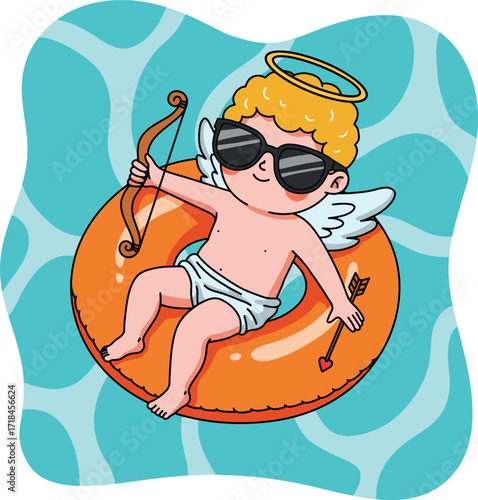 Cupid relaxing on a floatie in the water with sunglasses
