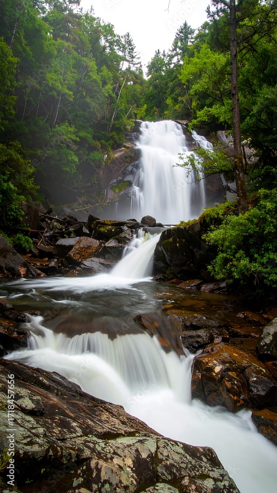 Fototapeta premium Waterfall cascading through rocky terrain in a misty forest