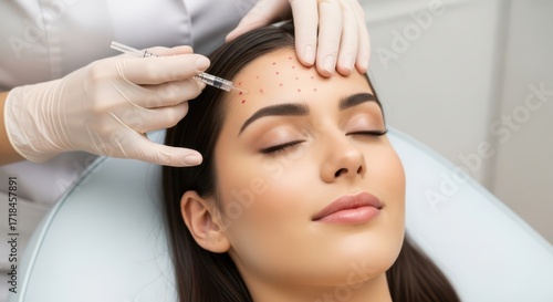 Closeup photo Woman receiving Botox injections in the forehead 16:9