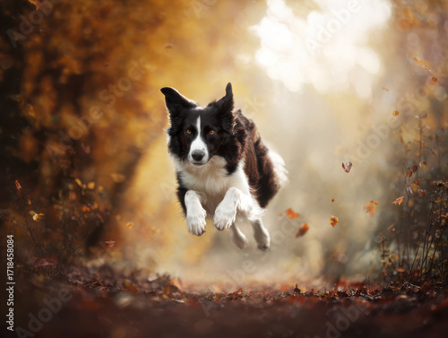 秋の森を跳ぶボーダーコリー / Border Collie Leaping in Autumn Forest
