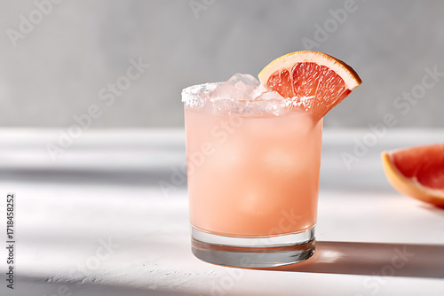 summer cocktail illustration, pink grapefruit paloma cocktail in a crystal lowball glass with a salt rim, ice, and grapefruit wedge on a white background