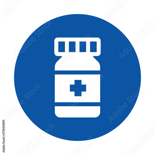 White Medical Bottle with Cross Symbol on Blue Background for Healthcare Use