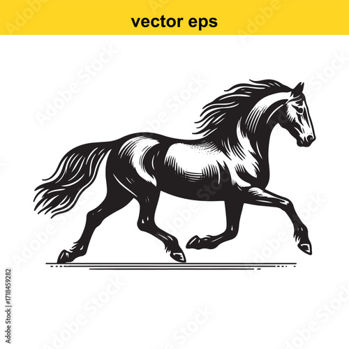 Vector art of running horse in vintage engraving style