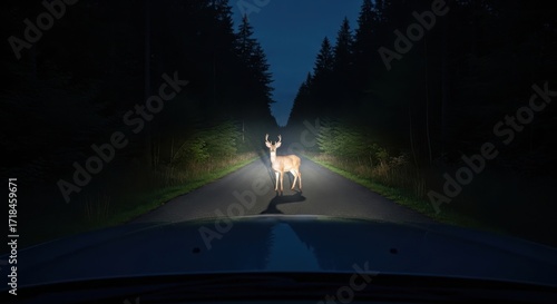 deer standing in headlights on dark forest road at night, viewed from car. wildlife encounter, driving safety. nature conservation, automotive industry, travel blogs.