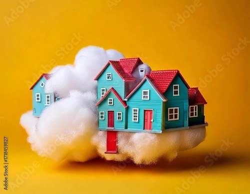 Toy houses resting on a cloud against a vibrant yellow backdrop, evoking a dreamlike or surreal atmosphere