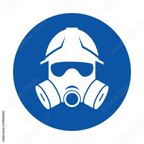 Safety Icon with Worker Wearing Helmet and Gas Mask on Blue Background